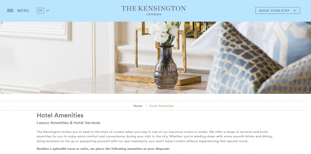Screenshot of The Kensington hotel website